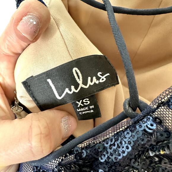 LULUS NWOT Ruby Navy Blue Sequin Lace-Up Maxi Ball Gown Slit Open Back Dress XS - Picture 10 of 11